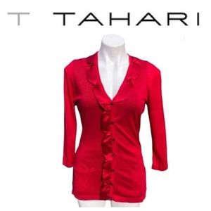 ✂️  3/$25! T Tahari Long Red Cardigan with Pockets & Ribbon Detail Size Small